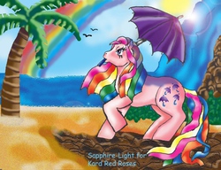 Size: 652x502 | Tagged: safe, artist:sapphire-light, parasol (g1), earth pony, pony, g1, beach, palm tree, rainbow, tree, umbrella