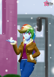 Size: 1000x1432 | Tagged: safe, artist:clouddg, rainbow dash, equestria girls, g4, female, snow, snowfall, solo