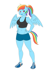 Size: 1200x1697 | Tagged: safe, artist:thecreator9, rainbow dash, anthro, g4, belly button, breasts, busty rainbow dash, female, hand on hip, solo
