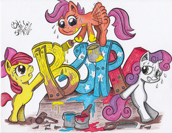 Size: 825x638 | Tagged: safe, artist:santi-dleon, apple bloom, scootaloo, sweetie belle, g4, cutie mark crusaders, paint, paint on fur, painting, traditional art, venezuela