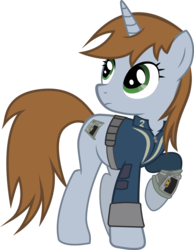Size: 2423x3120 | Tagged: dead source, safe, artist:theastralwanderer, oc, oc only, oc:littlepip, pony, unicorn, fallout equestria, clothes, fanfic, fanfic art, female, high res, jumpsuit, mare, pipboy, pipbuck, simple background, solo, vault suit, white background