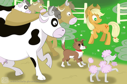 Size: 1000x667 | Tagged: safe, artist:swanlullaby, applejack, bessie, winona, cow, dog, earth pony, pony, poodle, g4, cloven hooves, cowboy hat, female, hat, mare, udder