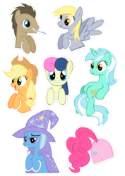 Size: 2059x2912 | Tagged: safe, artist:oceanbreezebrony, applejack, bon bon, derpy hooves, doctor whooves, lyra heartstrings, pinkie pie, sweetie drops, time turner, trixie, pegasus, pony, g4, artifact, cutout, doctor who, female, high res, mare, mouth hold, show accurate, sonic screwdriver