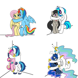 Size: 1000x1000 | Tagged: safe, artist:yoonny92, dj pon-3, fluttershy, octavia melody, princess cadance, princess celestia, princess luna, rainbow dash, shining armor, vinyl scratch, pony, ashidon, bipedal, cicada block, crossed hooves, eyes closed, female, flutterdash, glasses, heart, incest, jewelry, kabedon, lesbian, looking at each other, luna is not amused, octavia is not amused, open mouth, princest, regalia, scratchtavia, shipping, simple background, sitting, smiling, unamused, white background