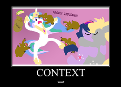 Size: 749x540 | Tagged: safe, artist:pixelkitties, derpy hooves, princess celestia, twilight sparkle, badger, pony, g4, bipedal, context is for the weak, demotivational poster, eyes closed, female, kissing, lesbian, meme, open mouth, ship:twerpy, shipping, taco, wat