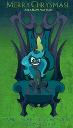 Size: 685x1200 | Tagged: safe, artist:jokerpony, queen chrysalis, ask teen chrysalis, g4, excited, female, grin, lip bite, solo, throne