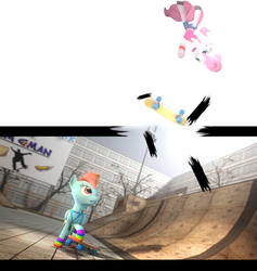 Size: 1366x1440 | Tagged: dead source, safe, artist:illu-mint, pinkie pie, rainbow dash, earth pony, pegasus, pony, g4, 3d, airborne, breaking the fourth wall, clothes, fourth wall, gmod, ramp, skateboard, upside down, wipeout