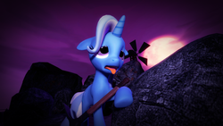 Size: 1920x1080 | Tagged: safe, artist:themacchinamustfall, trixie, pony, unicorn, g4, 3d, a bombed flyer, axe, dark, female, gmod, mare, moon, reference, rock, rock farm, tired, tongue out, windmill