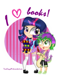 Size: 480x640 | Tagged: safe, artist:tinacrazy29, spike, twilight sparkle, human, g4, book, clothes, duo, horn, horned humanization, humanized, tailed humanization, that pony sure does love books, thigh highs