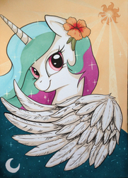 Size: 1840x2545 | Tagged: safe, artist:yellowrobin, princess celestia, g4, crescent moon, cute, cutelestia, day, feather, female, flower, flower in hair, happy, markers, moon, night, portrait, smiling, solo, stars, sun, traditional art, wings