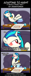 Size: 850x2020 | Tagged: safe, artist:drawponies, artist:terminuslucis, dj pon-3, vinyl scratch, pony, undead, unicorn, vampire, vampony, comic:adapting to night, comic:adapting to night: a deadly feast, g4, a deadly feast, blood pack, cheese, chips, comic, couch, eating, fangs, food, glowing, glowing eyes, horse puns, lays, oh no, pillow, pizza box, pun, red eyes