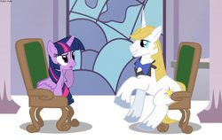 Size: 1123x711 | Tagged: safe, artist:asika-aida, prince blueblood, twilight sparkle, alicorn, pony, unicorn, g4, female, male, mare, sitting, stallion, twilight sparkle (alicorn)