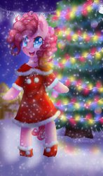 Size: 685x1165 | Tagged: safe, artist:0okami-0ni, pinkie pie, earth pony, pony, semi-anthro, g4, bipedal, christmas, christmas tree, female, snow, snowfall, solo, tree, winter