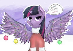 Size: 1024x709 | Tagged: safe, artist:nort1, twilight sparkle, alicorn, pony, g4, christmas tree, female, mare, snow, snowfall, solo, spread wings, twilight sparkle (alicorn), wings, winter