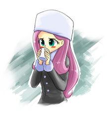 Size: 805x932 | Tagged: safe, artist:twilite-sparkleplz, fluttershy, equestria girls, g4, blushing, clothes, cold, drinking, female, hat, hot chocolate, russian hat, scarf, solo, ushanka, winter