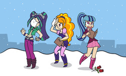 Size: 2100x1260 | Tagged: safe, artist:khuzang, adagio dazzle, aria blaze, sonata dusk, equestria girls, g4, breasts, caroling, cleavage, clothes, female, rose, skirt, snow, snowball, snowfall, the dazzlings, winter