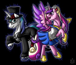 Size: 2110x1798 | Tagged: safe, artist:stormblaze-pegasus, princess cadance, shining armor, alicorn, pony, g4, clothes, dress, female, hat, male, mare, raised hoof, rearing, sailor moon (series), spread wings, stallion, suit, top hat, tuxedo mask, wings