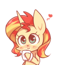 Size: 1200x1280 | Tagged: safe, artist:joycall6, sunset shimmer, pony, unicorn, g4, blushing, cup, cute, female, heart, mare, shimmerbetes, solo