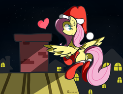 Size: 1200x915 | Tagged: safe, artist:gndriver, fluttershy, g4, butt, chimney, clothes, female, flying, hat, heart, plot, santa costume, santa hat, socks, solo