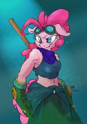 Size: 562x800 | Tagged: safe, artist:dfectivedvice, artist:firebird145, pinkie pie, anthro, g4, armpits, clothes, female, gloves, goggles, midriff, muscles, solo