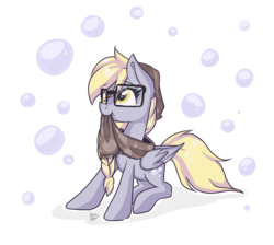 Size: 1900x1700 | Tagged: safe, artist:drawing-heart, derpy hooves, pegasus, pony, g4, alternate hairstyle, bubble, clothes, female, glasses, mare, mouth hold, nom, scarf, simple background, solo, transparent background