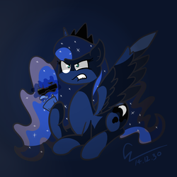 Size: 1024x1024 | Tagged: safe, artist:gndriver, princess luna, gamer luna, g4, angry, controller, female, gritted teeth, magic, prone, soda, solo, spread wings, telekinesis