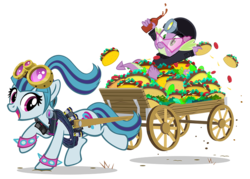 Size: 880x631 | Tagged: safe, artist:pixelkitties, sonata dusk, spike, dragon, earth pony, pony, g4, my little pony equestria girls: rainbow rocks, cart, cute, duo, female, goggles, male, mare, ponified, ponified siren, simple background, sonatabetes, sonataco, spiked wristband, taco, taco tuesday, that girl sure loves tacos, that pony sure does love tacos, that siren sure does love tacos, transparent background, vector, wagon, wristband
