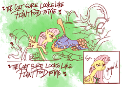 Size: 1107x793 | Tagged: safe, artist:cruddydoodles, fluttershy, pegasus, pony, rabbit, g4, angry, audrey 2, carnivorous plant, crossover, cutie mark, little shop of horrors, plant, song reference, spread wings, wings