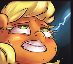 Size: 422x373 | Tagged: safe, artist:atryl, edit, applejack, earth pony, anthro, comic:everything that glitters, g4, ahegao, bust, cropped, faic, female, gritted teeth, implied orgasm, lightning, mind break, reaction image, solo, sweat