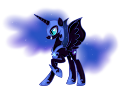 Size: 1386x1096 | Tagged: safe, artist:miyunea, nightmare moon, g4, female, grin, raised hoof, simple background, solo, spread wings, transparent background