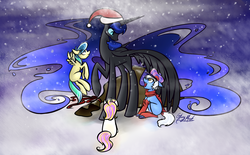 Size: 1850x1150 | Tagged: safe, artist:cosmalumi, nightmare moon, oc, alicorn, earth pony, pegasus, pony, unicorn, tumblr:ask queen moon, g4, bag, christmas, clothes, colt, female, filly, foal, hat, holiday, leg warmers, looking up, male, missing accessory, nicemare moon, open mouth, raised hoof, sack, santa hat, santa sack, scarf, sitting, smiling, snow, snowfall, socks, spread wings