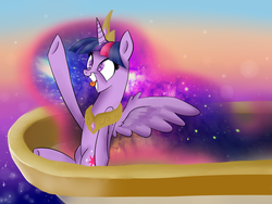 Size: 4000x3000 | Tagged: safe, artist:segraece, twilight sparkle, alicorn, pony, g4, accessory swap, ethereal mane, female, grin, mare, older, solo, spread wings, starry mane, tongue out, twilight snapple, twilight sparkle (alicorn), waving