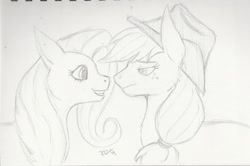 Size: 2557x1699 | Tagged: safe, artist:radioactivedeadend, applejack, fluttershy, g4, monochrome, sketch, traditional art