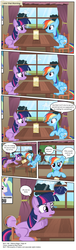 Size: 3437x11280 | Tagged: safe, artist:perfectblue97, princess celestia, rainbow dash, twilight sparkle, earth pony, pegasus, pony, comic:without magic, g4, backwards cutie mark, blank flank, comic, confused, duo, earth pony twilight, implied tyrant celestia, looking at each other, poster, race swap, scaredy dash, startled, table