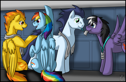 Size: 3540x2328 | Tagged: safe, artist:stormblaze-pegasus, rainbow dash, soarin', spitfire, oc, oc:stormy, g4, high res, locker room, mouth hold, sitting, spread wings, underhoof