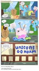 Size: 3391x6129 | Tagged: safe, artist:perfectblue97, applejack, cherry berry, daisy, flower wishes, lily, lily valley, minuette, rainbow dash, oc, oc:fluffle puff, earth pony, pegasus, pony, unicorn, comic:without magic, g4, barrel, comic, flying, looking down, misspelling, poster, shovel, sign, tongue out, unconscious