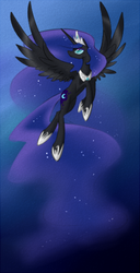 Size: 307x600 | Tagged: safe, artist:cosmalumi, nightmare moon, g4, accessory swap, flying, looking up, solo, spread wings