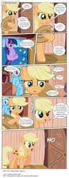 Size: 3391x8770 | Tagged: safe, artist:perfectblue97, applejack, princess celestia, rainbow dash, twilight sparkle, alicorn, earth pony, pegasus, pony, comic:without magic, g4, bed, blank flank, book, bookshelf, comic, earth pony twilight, golden oaks library, holding hat, looking down, no, on bed, pillow, poster, race swap, yelling