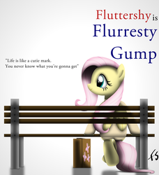 Size: 3190x3505 | Tagged: safe, artist:facelesssoles, fluttershy, pony, g4, bench, female, forrest gump, high res, parody, ponified, solo, suitcase