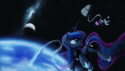 Size: 1920x1080 | Tagged: safe, artist:darkflame75, princess luna, twilight sparkle, alicorn, pony, unicorn, g4, astronaut, book, female, floating, frown, levitation, looking back, magic, mare, moon, nebula, open mouth, orbit, planet, space, spaceship, spacesuit, stars, telekinesis, upside down