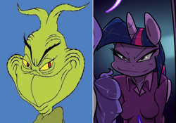 Size: 763x535 | Tagged: safe, artist:slypon, twilight sparkle, anthro, g4, chuck jones, comparison, crossover, evil grin, how the grinch stole christmas, looking at you, rapeface, stare, the grinch, twilight sparkle (alicorn)