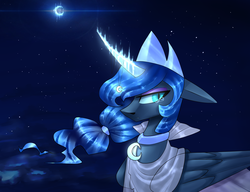 Size: 1024x785 | Tagged: safe, artist:alliecorn, princess luna, g4, alternate hairstyle, crying, curved horn, female, floppy ears, glowing horn, horn, moon, night, ponytail, solo