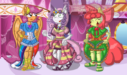 Size: 4496x2666 | Tagged: safe, artist:horrormage, apple bloom, scootaloo, sweetie belle, earth pony, anthro, plantigrade anthro, g4, clothes, cute, dress, dressup, feet, sandals, toes