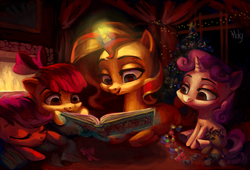 Size: 3473x2362 | Tagged: dead source, safe, artist:holivi, apple bloom, scootaloo, smarty pants, sunset shimmer, sweetie belle, earth pony, pegasus, pony, unicorn, g4, book, christmas tree, cutie mark crusaders, eyes closed, female, filly, foal, high res, reading, sleeping, tree