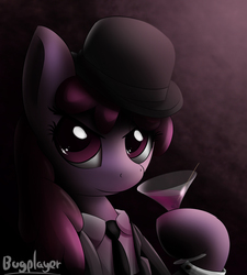 Size: 1800x2000 | Tagged: safe, artist:bugplayer, berry punch, berryshine, g4, bowler hat, clothes, female, glass, hat, hoof hold, martini, necktie, solo, suit, wine glass