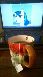 Size: 1456x2592 | Tagged: safe, shining armor, g4, bomb ass tea, computer, food, horsebando, husbando dinner, laptop computer, microsoft windows, mug, otaku date, photo, tea, windows 7