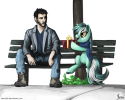 Size: 1280x1024 | Tagged: safe, artist:nemo2d, lyra heartstrings, human, pony, g4, bench, bipedal, clothes, consoling, duo, keanu reeves, new year, new years eve, present, sad keanu, scarf, sitting