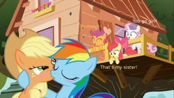 Size: 1200x675 | Tagged: source needed, safe, apple bloom, applejack, rainbow dash, scootaloo, sweetie belle, g4, blushing, clubhouse, crusaders clubhouse, cutie mark crusaders, female, glare, kissing, lesbian, ship:appledash, shipper on deck, shipping