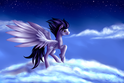 Size: 1280x853 | Tagged: safe, artist:xormak, soarin', g4, cloud, cloudy, male, old cutie mark, painting, realistic, sky, solo, stars