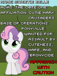 Size: 450x600 | Tagged: safe, sweetie belle, g4, the return of harmony, caption, cute, female, hape, image macro, meme, solo, wanted
